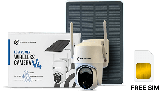 Premium Invention's Wireless Camera V4 with solar-powered battery, highlighting eco-friendly surveillance technology.